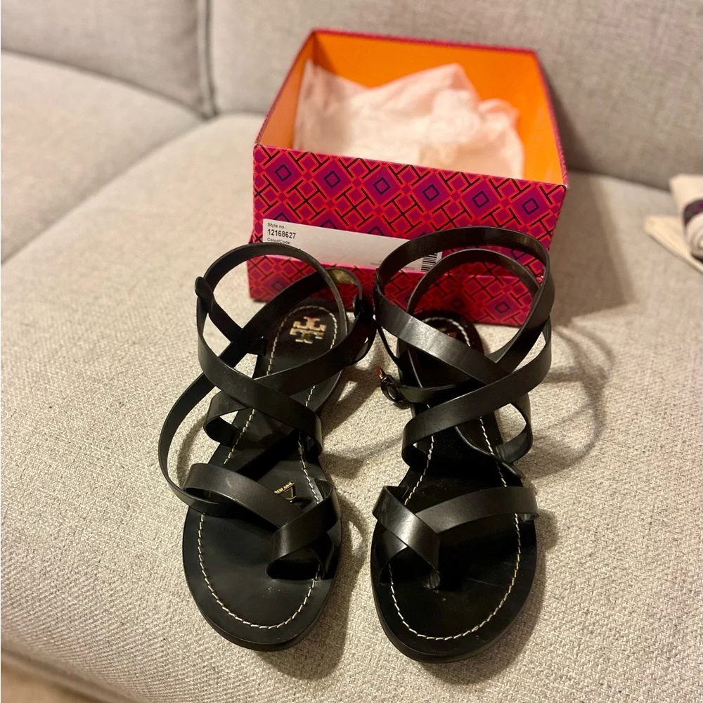 Tory Burch Black Leather Strappy Sandals-Patos Monarch Vachetta